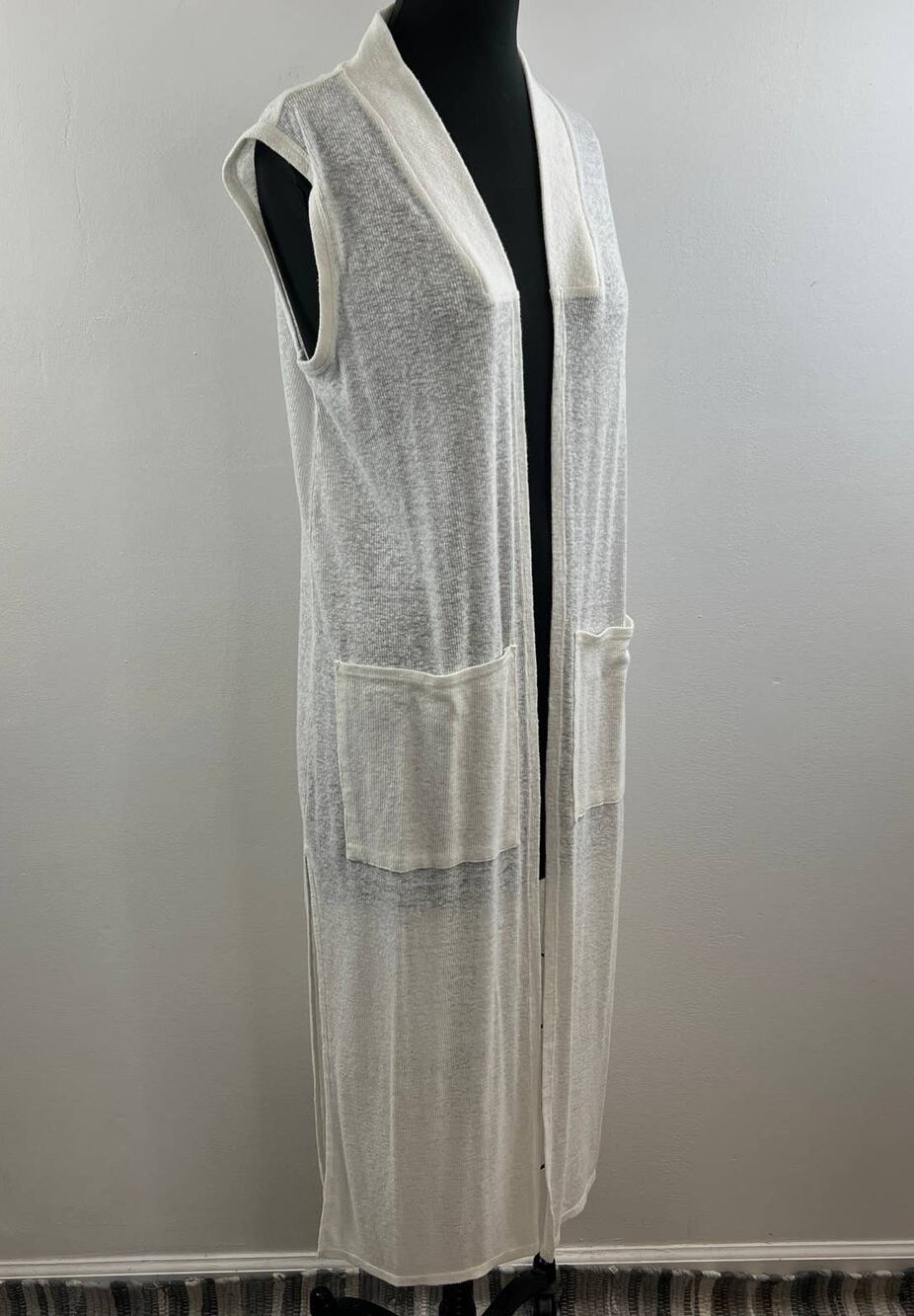 TWENTY Montreal White Polyester Linen Blend Open Front Duster Vest w/ Pockets M